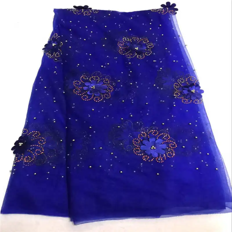 

Arican new design full beads royal blue tulle lace with 3D flower high quality wholesale african french lace fabric for party