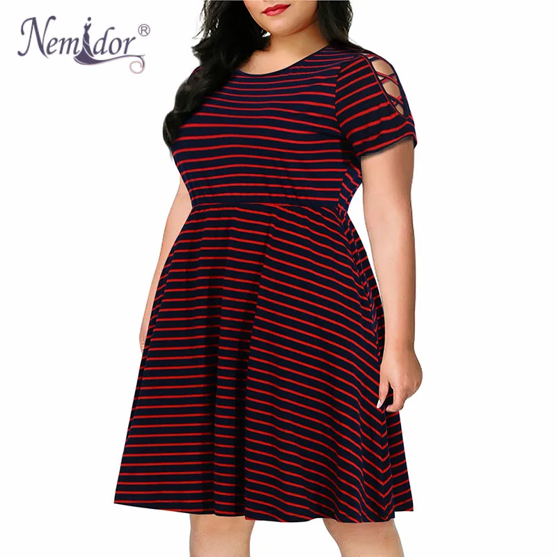 Nemidor Women Casual O-neck Short Sleeve Stripe Print A-line Dress Plus Size 7XL 8XL 9XL Swing Fit and Flare Dress With Pockets