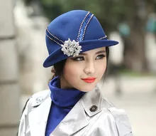 Free Shipping Women Hat Winter Hat Wool Felt Hat Millinery Chapeau Diamond Casing And Brooch Short Brim