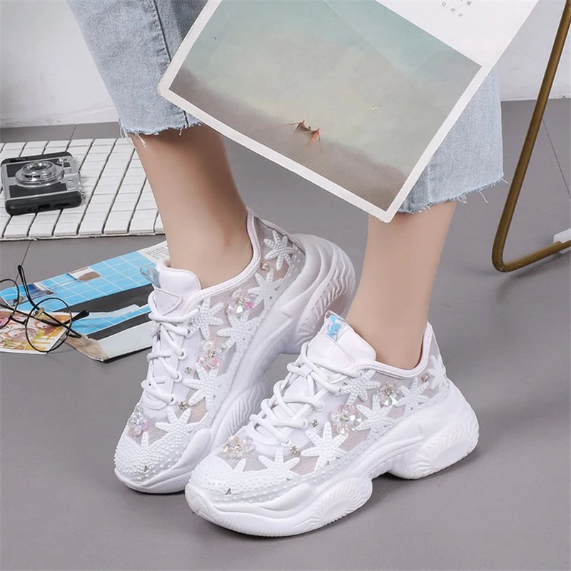 

2019 Women with Crystal Bling Mesh Breathable Thick Bottom Fashion Ladies Shoes Summer Sneakers Women Wedges Luxury muffin Shoes
