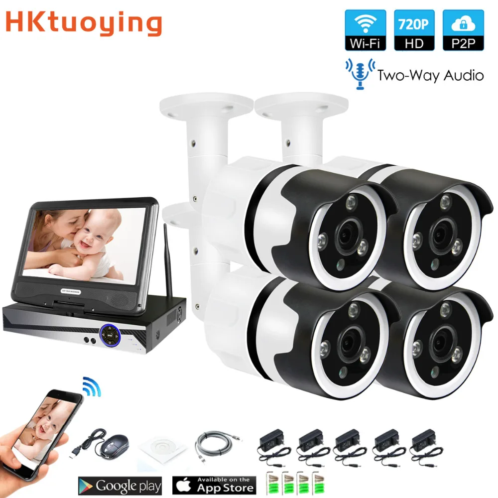 4CH с подкладкой аудио разговора HD ЖК дисплей Беспроводной NVR Kit P2P 720 P внутренний