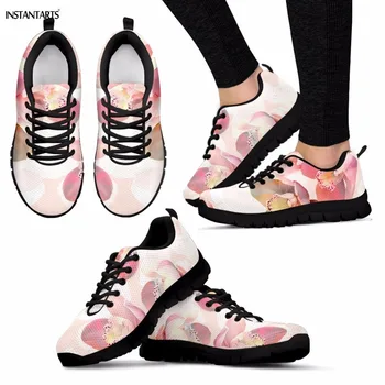 

INSTANTARTS Women's Summer Running Shoes Breathable Lace Up Sneakers Pastel Flowers Pattern Pink Athletic Mesh Sports Shoes Lady