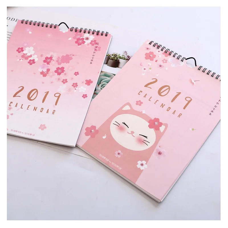 

New 2019 Cherry Blossoms Wall Calendar Cartoon Cat Calendar Daily Schedule Planner 2018.09~2019.12