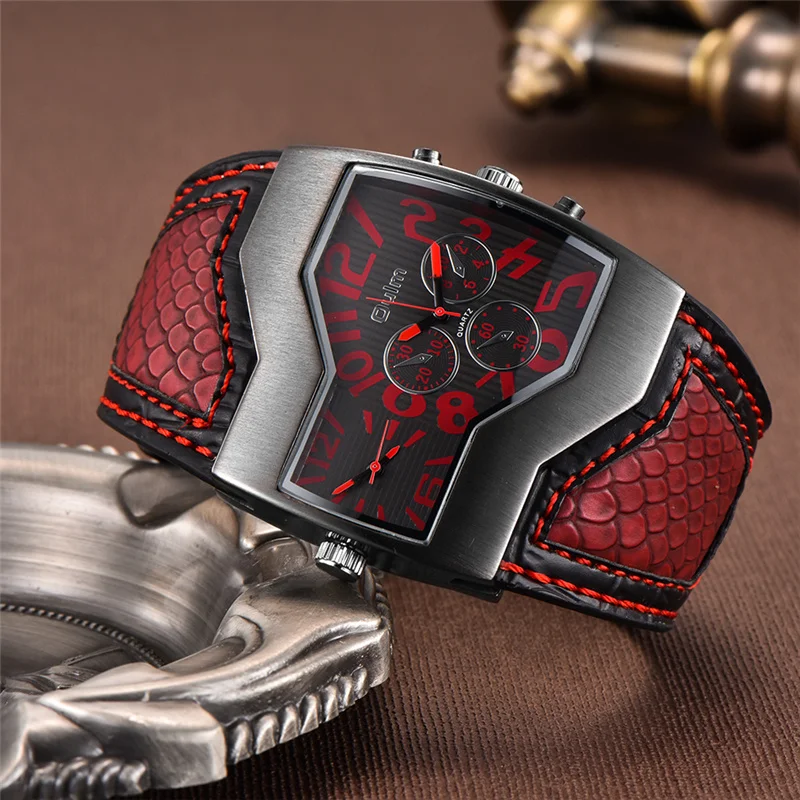 Oulm люксовый бренд Мужские часы с двумя часовыми поясами Кварцевые часы Широкий PU ремешок 6 цветов модные мужские наручные часы повседневные мужские часы