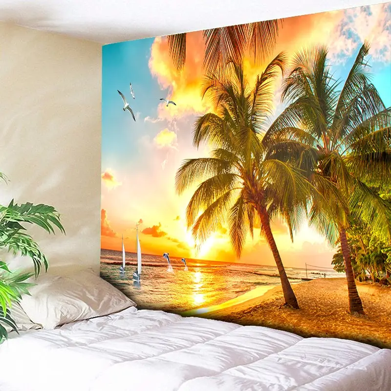 Psychedelic Forest Tapestry Sea Coconut Tree Wall Hanging Beach