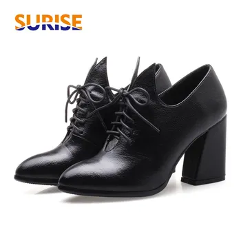 

Vintage High Thick Block Heels Lace Up Pumps Red PU Leather Pointed Toe Oxfords Retro Brogues Luxury Casual Office Ladies Shoes