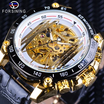 

Forsining 2018 Golden Gear Movement White Dial Openwork Steampunk Design Mechanical Wristwatches Men's Watches Top Brand Luxury