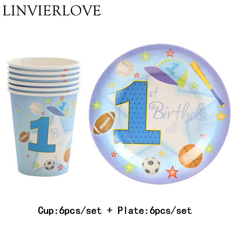 

12pcs 1st Birthday Baseball Paper Cups+Plates Weddiing Birthday Decoration Pink Festival For Kids Tableware Party Supplies