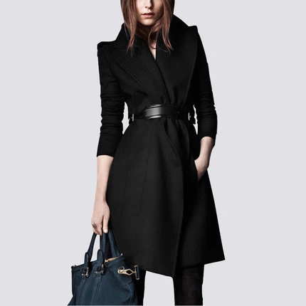 Приталенное Женское шерстяное пальто в английском стиле Модные женские шерстяные куртки и пальто с поясом, пальто с отложным воротником GQ1674 - Цвет: Black