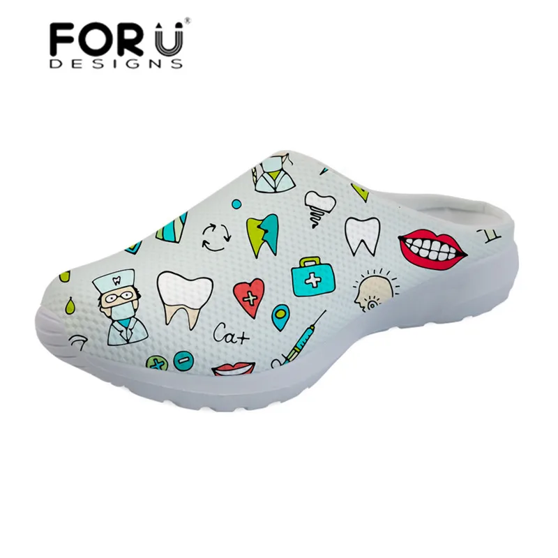 

FORUDESIGNS Sandals Women Cute Cartoon Nurse Print Slippers Ladies Slip-on Mesh Slipper for Females Dentist Pattern Summer Shoes