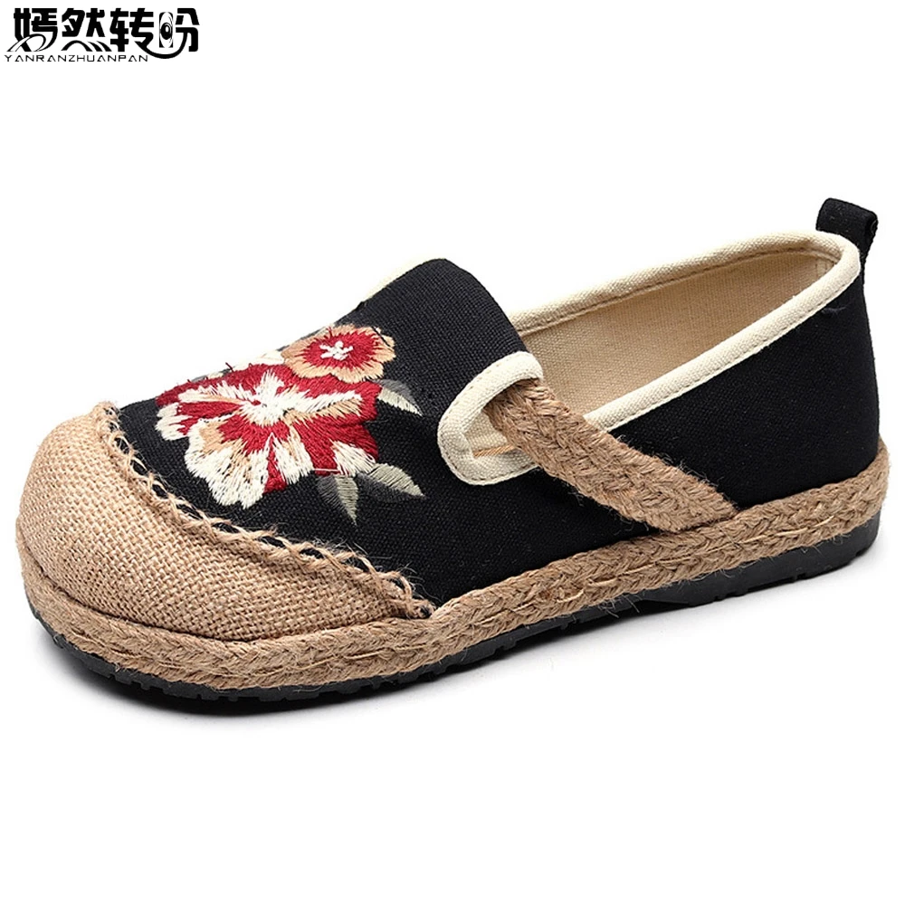 

2019 Vegan Handmade Women Linen Cotton Loafers Espadrilles Flower Embroidered Ladies Casual Flat Platform Sneakers Shoes