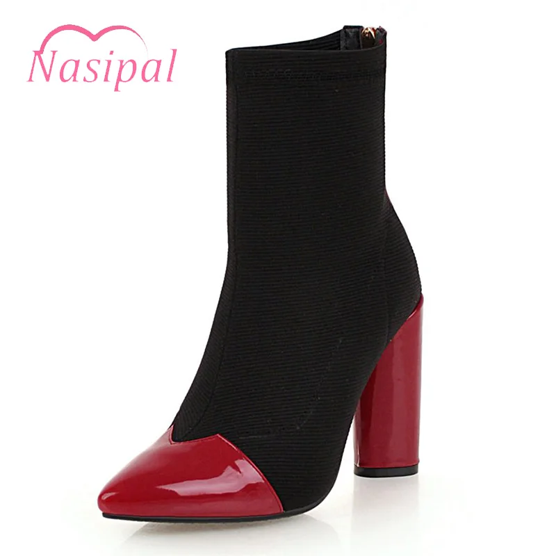 

Nasipal Brand Shoes Woman Thick High Heels Patent Leather Sock Boots Pointed Toe Ankle Boots for Women Sexy Ladies Footwear M728
