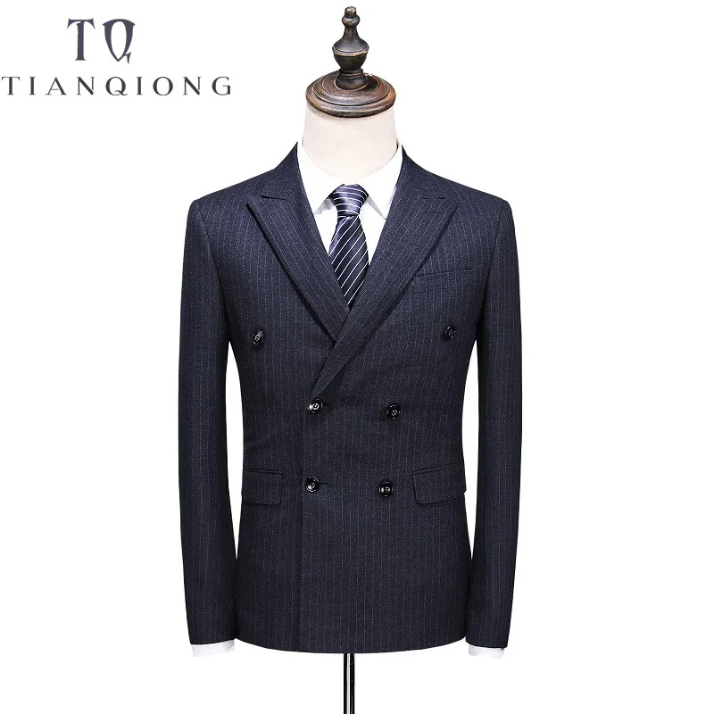 TIAN QIONG Gray Stripe Wool Suit Double-breasted Men Slim Fit Business Formal Suits for Wedding 2017 Brand Tailor Made Suits