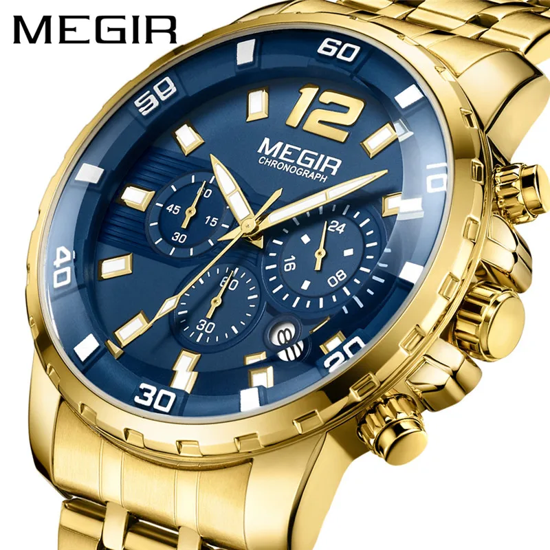 

MEGIR Chronograph Mens Watches Top Luxury Brand Clocks Military Army Sport Clock Steel Strap Quartz Date Men Male Watch Box 2068