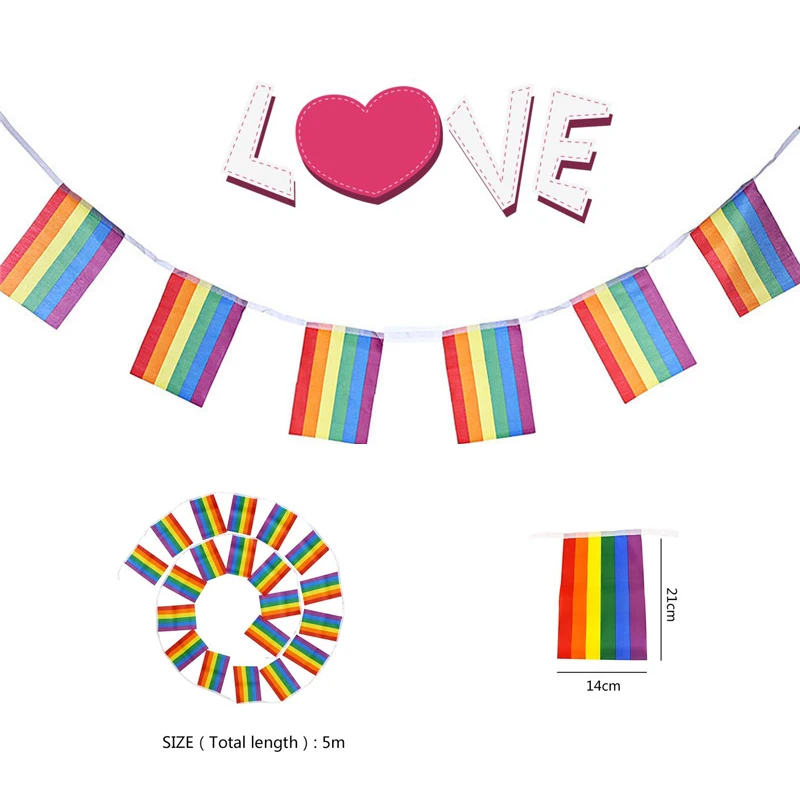

14*21cm 5 Meters Long LGBT Flag Hanging LGBT Flag For Bar Home Colorful Rainbow Flag For Gay Lesbian Bisexuals Transgender