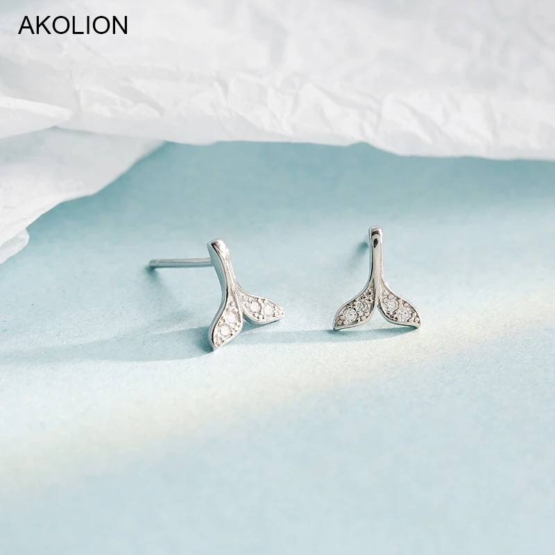 

AKOLION Fish Tail Stud Earrings 925 Cubic Zirconia Mermaid tail Earring For Women Lady Fashion Jewelry Factory price
