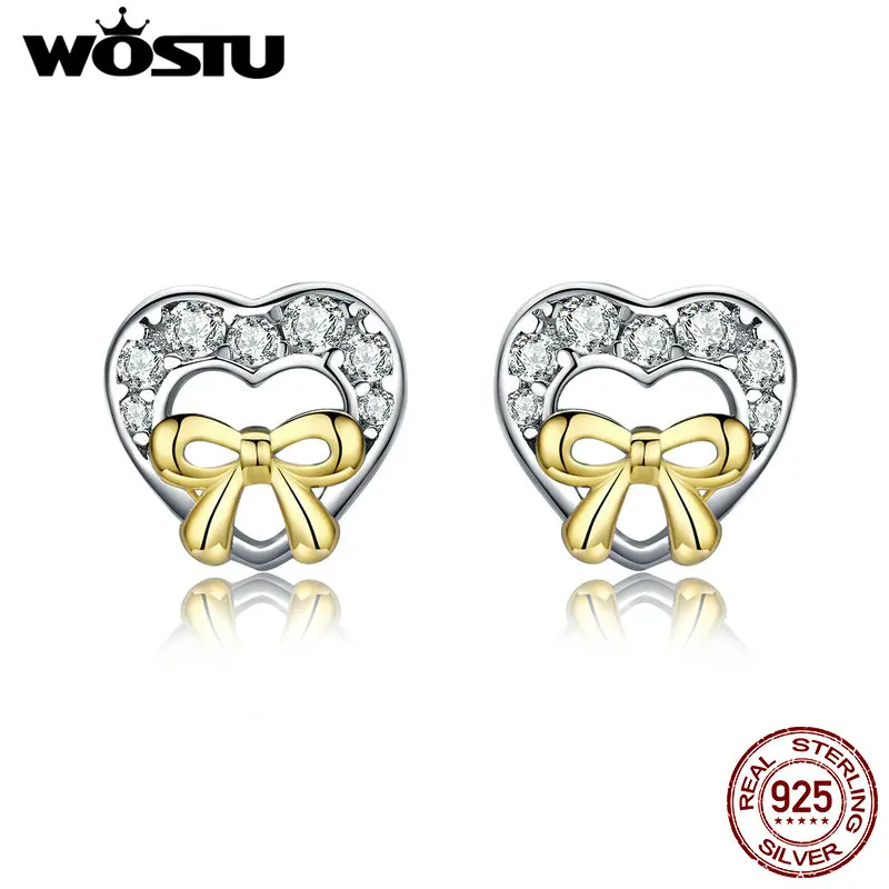 

WOSTU Genuine 925 Sterling Silver Delicate Heart Bowknot Stud Earrings For Women Wedding Fine Jewelry Gift CQE071