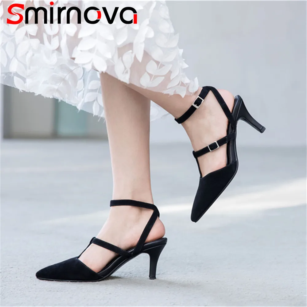 

Smirnova black fashion summer new arrive shoes woman pointed toe buckle sandals women buckle elegant suede leather shoes