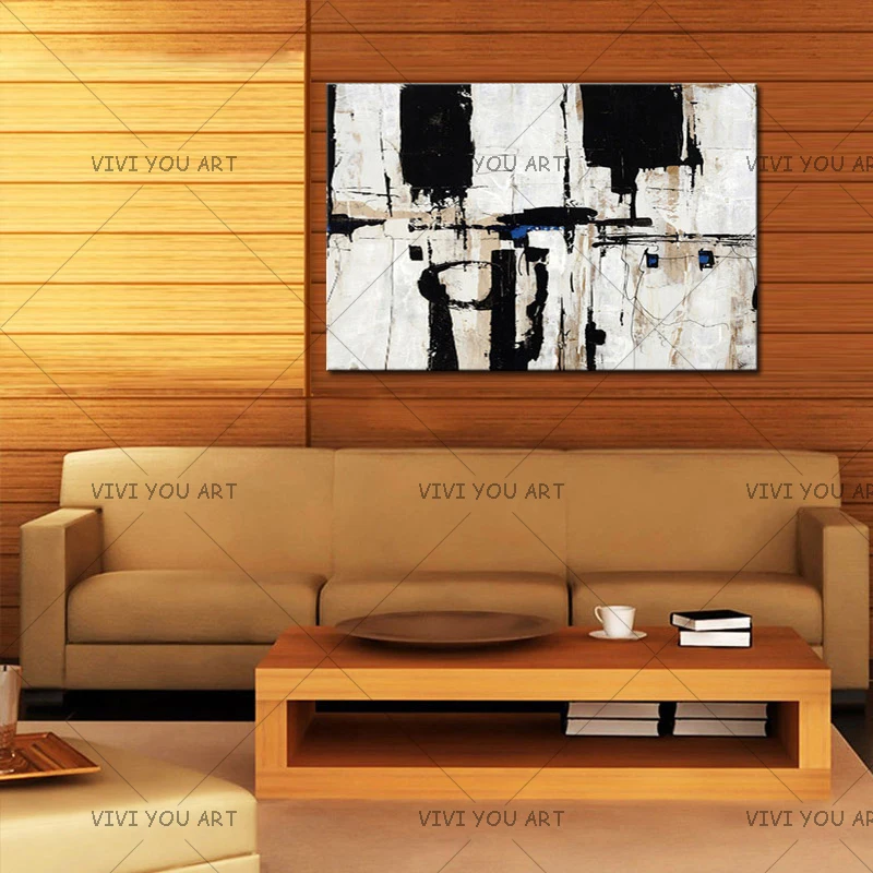 

Handmade thick knife abstract high quality oil painting Black and white blocks on Canvas Painting For Home Hotel Office Decor