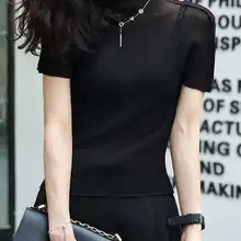 Морщинка Топ для женщин Осень стиль тиснением с высоким воротником чистый цвет супер тонкий полупрозрачная футболка