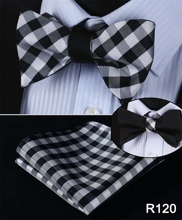 Проверьте полосатый шелк двухсторонний тканые Для мужчин Бабочка Самостоятельная галстук-бабочка бабочкой Карманный квадратный платок носовой платок костюм набор# ru1 - Цвет: R120