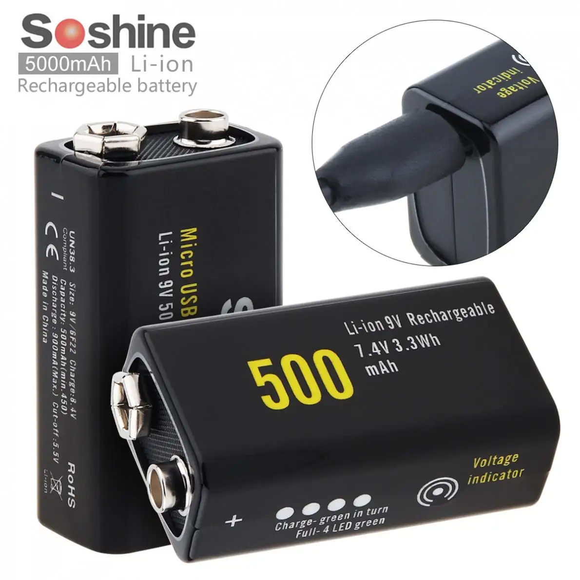 Prix Soshine 2 pcs 9 V 6F22 500 mAh Li ion 7.4 V 3.3Wh Rechargeable Batterie Micro USB Protégée pour Multimètre Sans Fil microphone D alarme