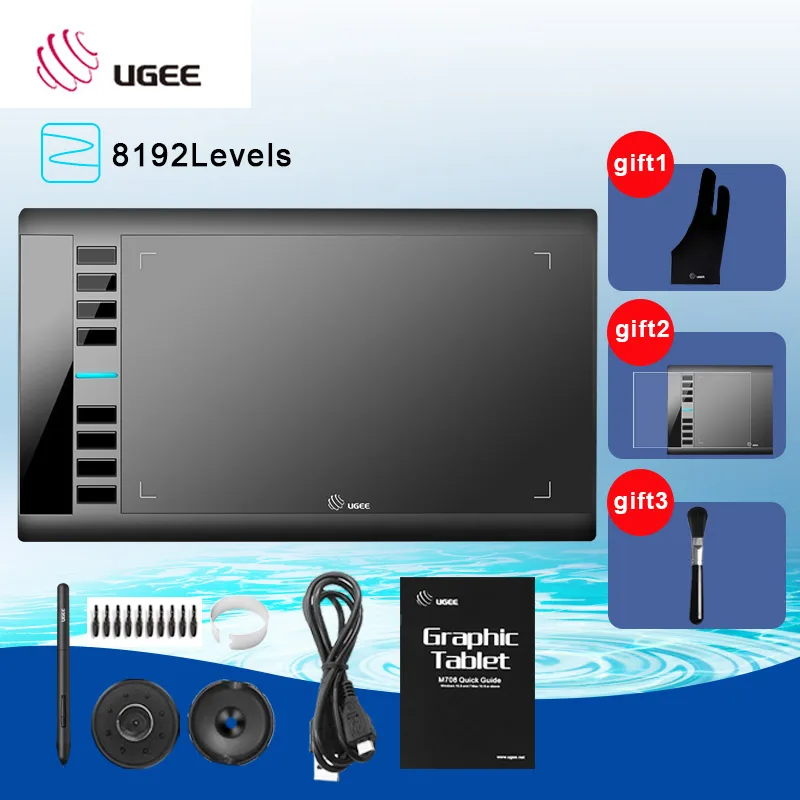 

Ugee M708 Digital Tablet Graphics Drawing Tablet "10x6'' Painting Pad 8192 Level Graphic Tablet with battery-free Pen and Glove