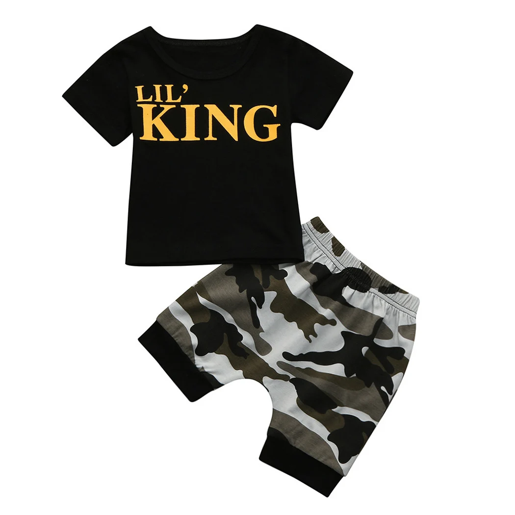 

Summer King Letter 2Pcs Toddler Kids Baby Boys Letter T shirt Tops+Camouflage Shorts Pants Outfits Children Clothes Set