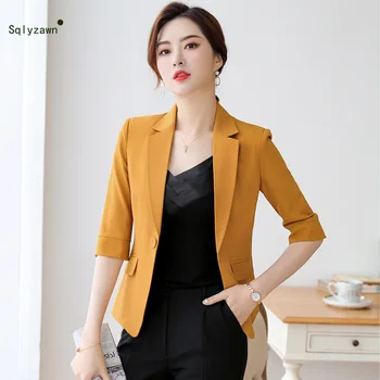 

Women Fashion Solid Half Sleeve Business OL Office Lady Blazer Patchwork Formal Jackets Green Yellow White Black Purple Coat 4XL