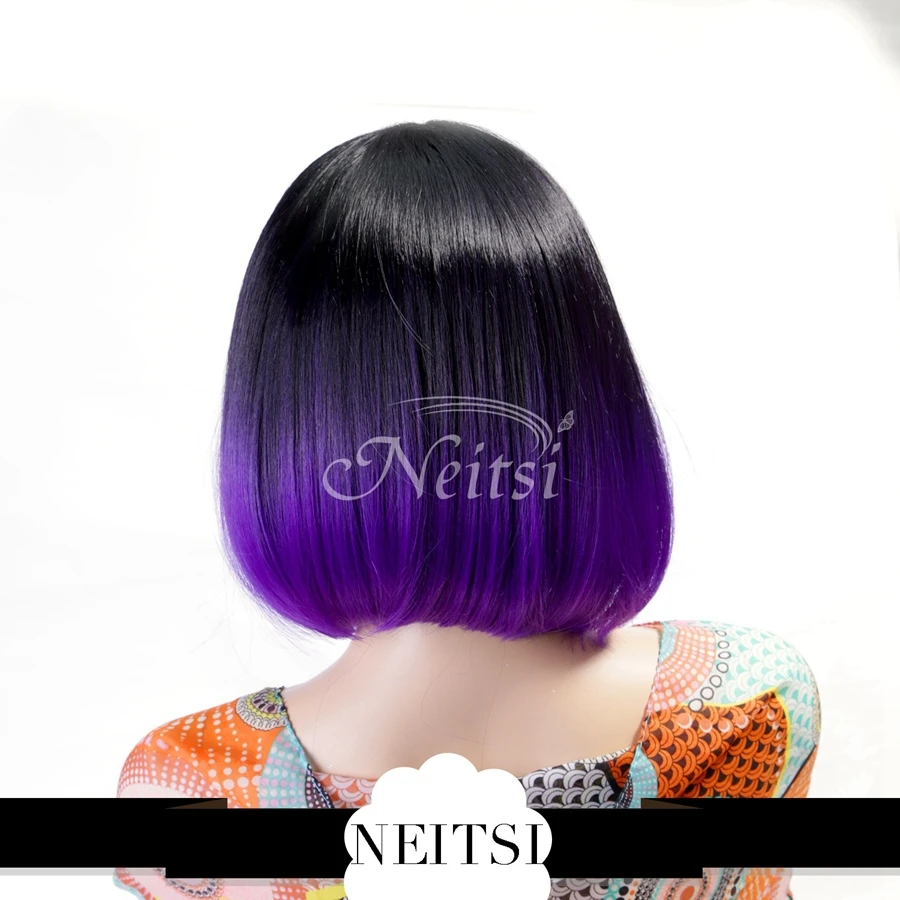 Neitsi 14 Ombre Berwarna Ungu Rambut Sintetis Pendek Cosplay