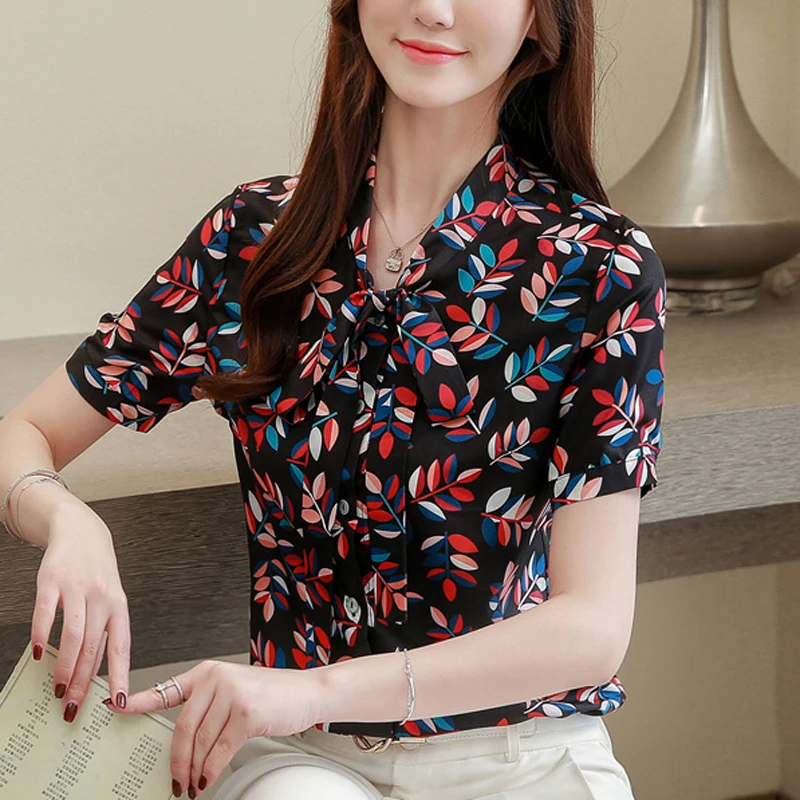 

2019 Summer New Blouse Women Geometric Print Short Sleeve Chiffon Shirt Bow V-neck Korean Fashion Causal Women's Tops