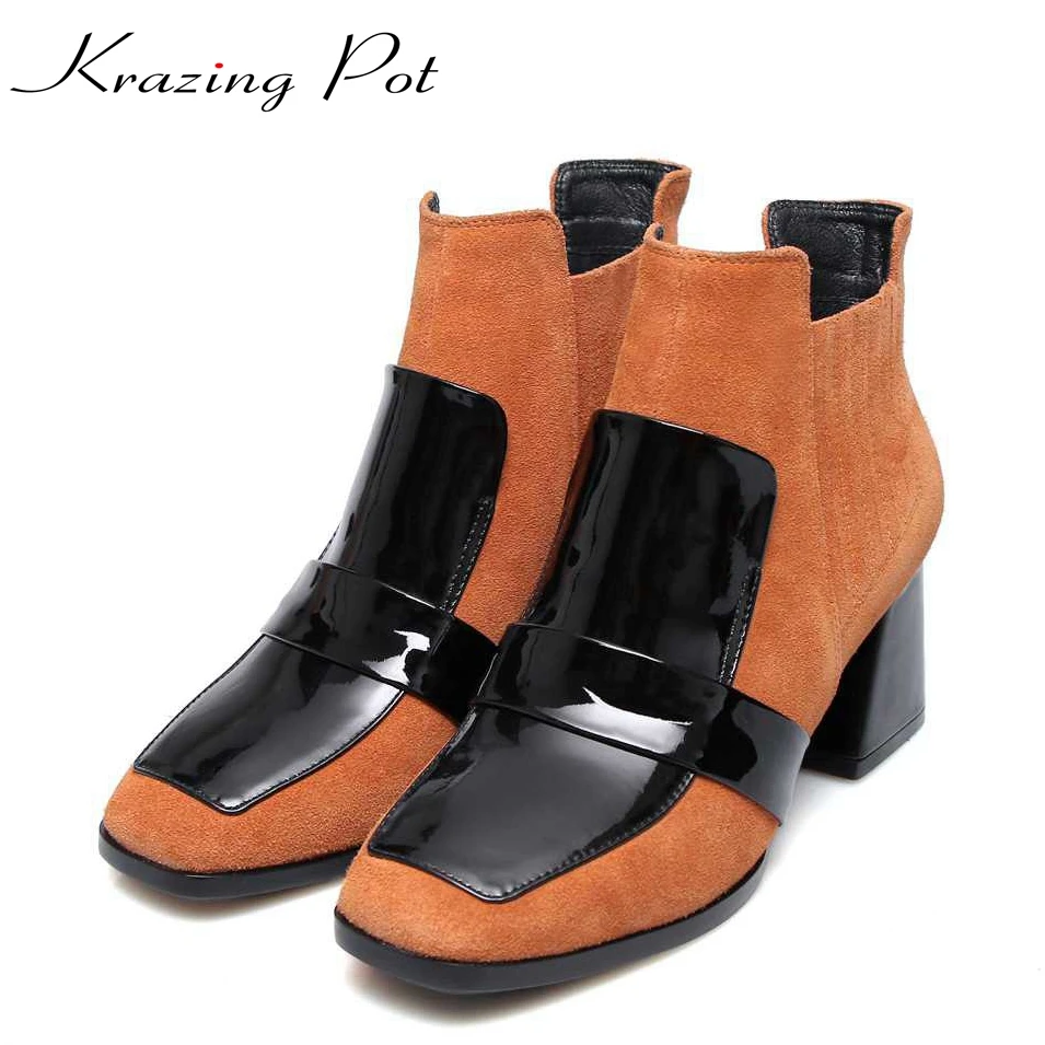 

2017 winter genuine leather square toe thick high heels zipper women simple style pluse size European runway ankle boots L06
