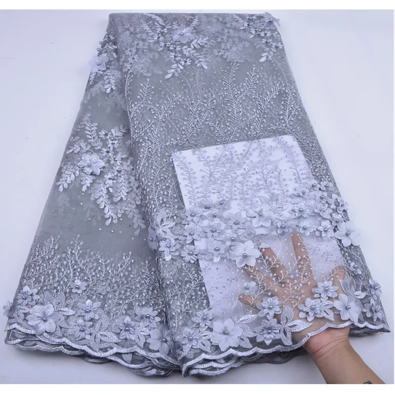 

New French Milk Silk Net Lace Fabric 2019 Grey High Quality African Tulle Cord Lace Fabric With Stone For Nigerian Wedding 1255