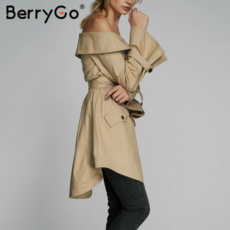 BerryGo с открытыми плечами сексуальный Тренч пальто для женщин высокого пояса хаки