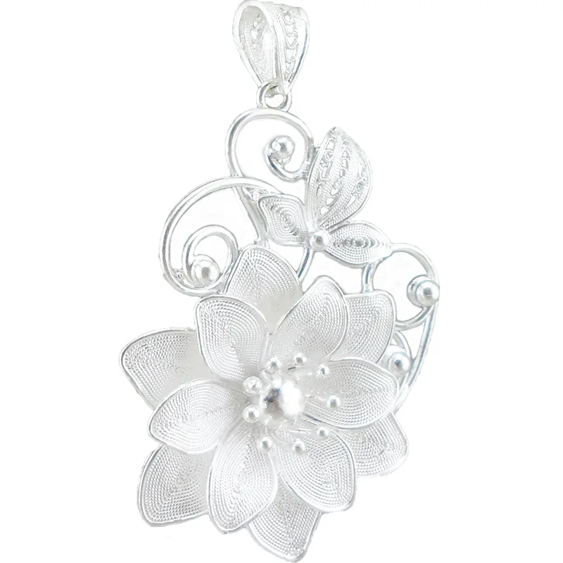 

Flowers Pendant Necklace Big 999 Sterling Silver Jewelry Handmade Ethnic Women Independent Pendant Luxury Gifts For Girls