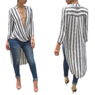 

2016 Autumn Sexy V-neck Striped Long Blouse Long Sleeve Blusas Plus Size Blusas Femininas Tops Shirt Women