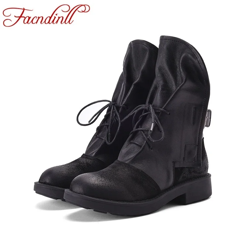 

FACNDINLL brand genuine leather women western boots solid round toe ladies casual lace-up thick heel ankle boots fashion boots