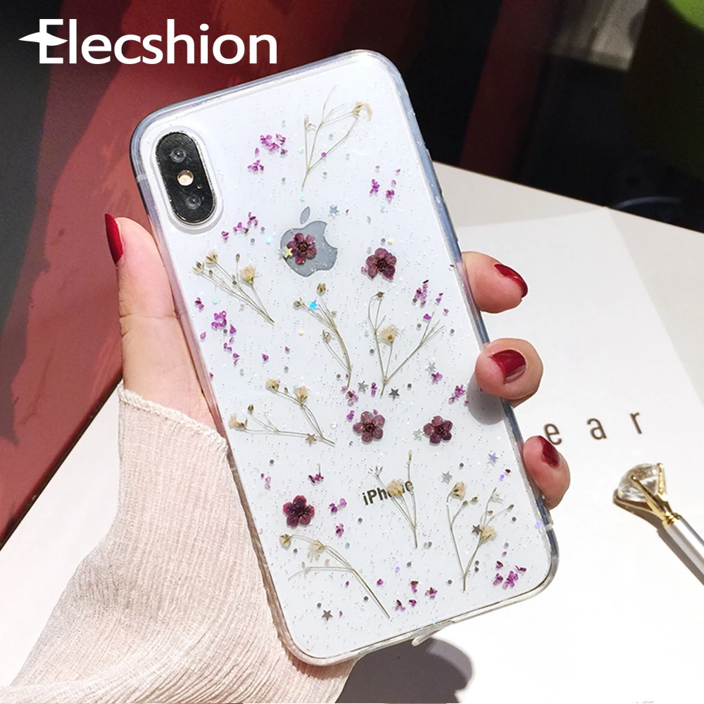 Прозрачный чехол с настоящими цветами и сушеными для iPhone 7 8 plus XR XS Max мягкий тонкий