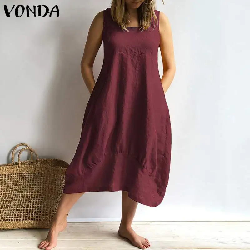 

VONDA Women Dress 2019 Summer Sexy Sleeveless Square Neck Cotton Dresses Vintage Sundress Casual Loose Plus Size Vestidos