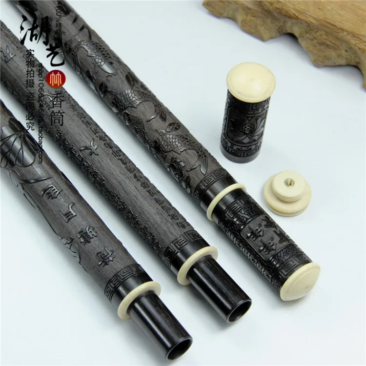 

Delicate ebony inlaid imitation tooth relief long incense inserted tube with ointment Lie xiang xiang box Pipeline sweet sweet