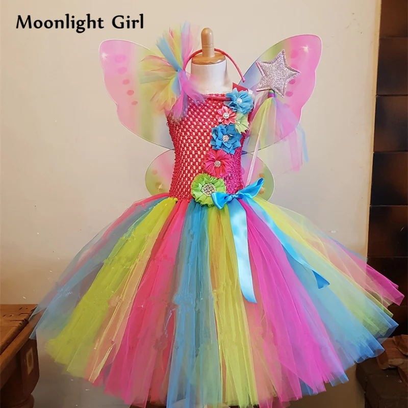 Платье-пачка для девочек с радужной бабочкой; платье принцессы с цветами; Детский костюм на Хэллоуин; праздничное платье для девочек на День рождения; PQ160