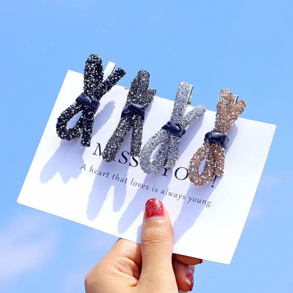 

Korean Style Bow Rhinestone Hair Clips Woman Fashion Geometric Hairpins Leather Barrettes Girls Headwear Hair Accessories