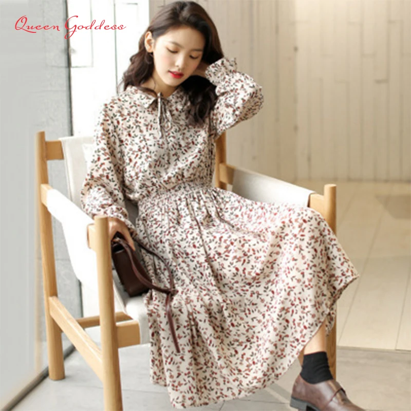 

2018 fashion spring and summer dress women floral print elastic waistband casual female and slim style sweet girl