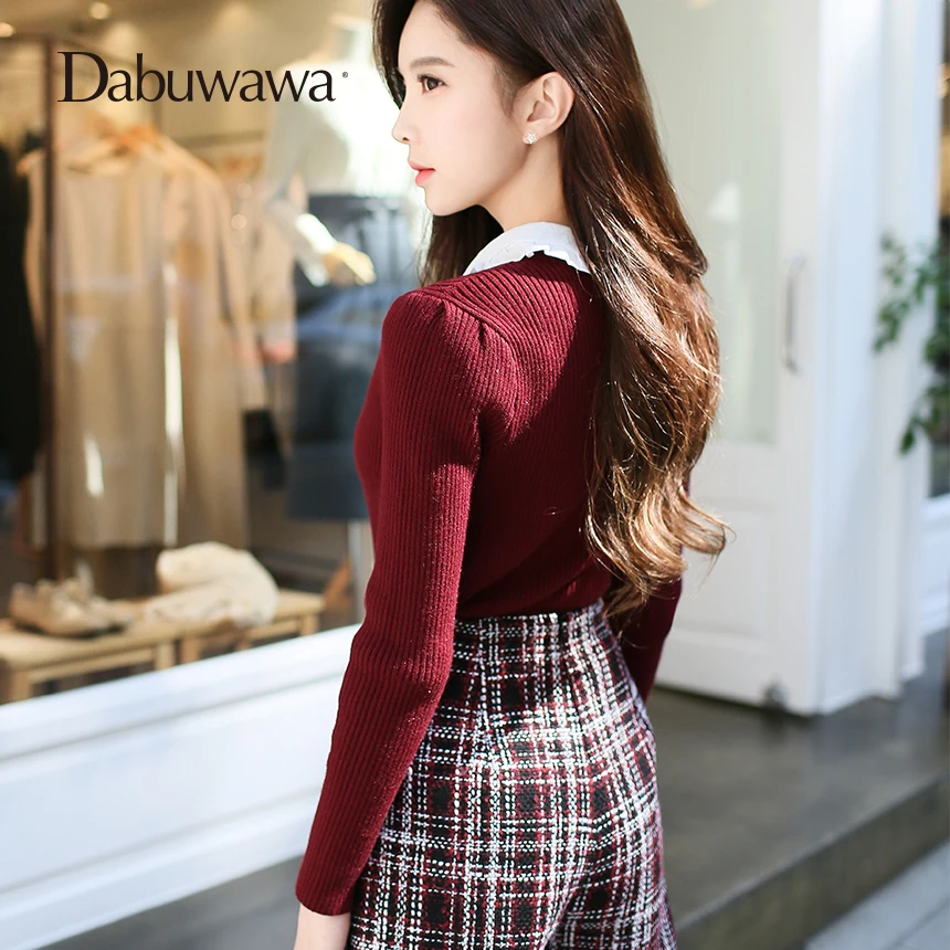 Dabuwawa جديد النساء طويل كم ربطة القوس فيونكة محبوك البلوزات أنيقة خمر معطف شتاء البلوفرات للإناث فتاة D17DKT063