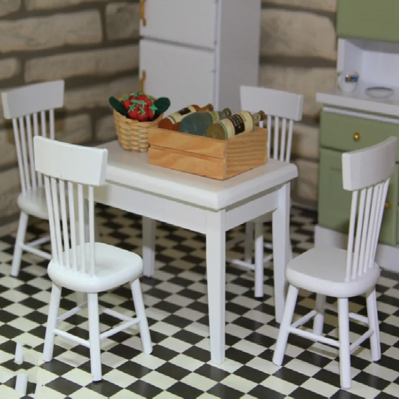 

1:12 DOLLHOUSE mini furniture kitchen model 5 piece set white table chair bamboo Wire Chair