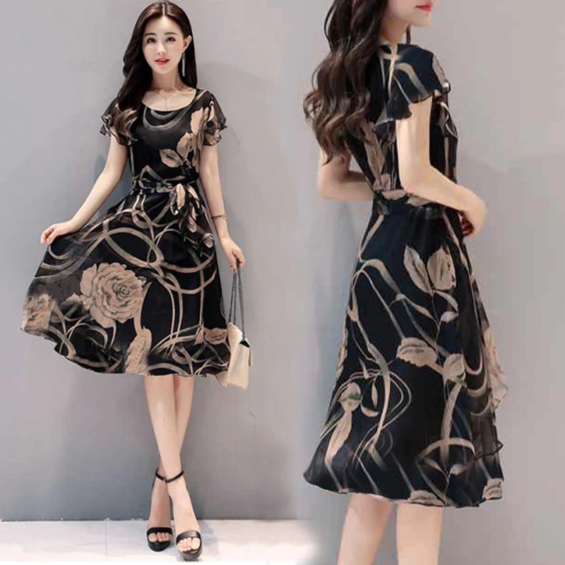 

2019 summer women's elegant thin dress fashion temperament A word long dress large size printing women's clothing