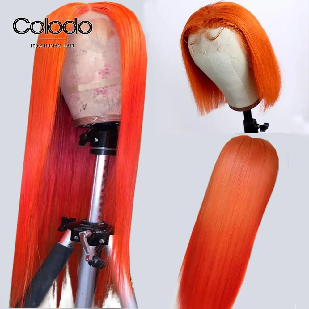 COLODO оранжевого прямо Синтетические волосы на кружеве парик бразильский Реми Короткие парики из натуральных волос на кружевной