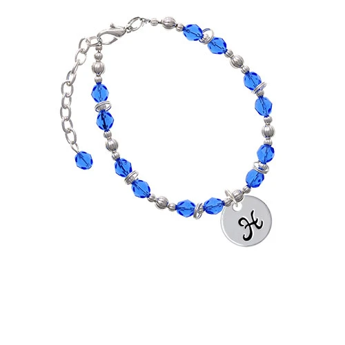 Silvertone Large Script Letter - H - 3/4'' Disc - Royal Blue Beaded Bracelet