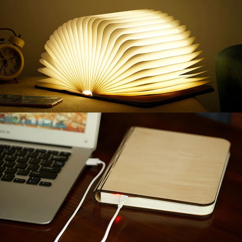 Портативный деревянный книжный светильник, перезаряжаемый через USB, светодиодный, магнитный, 3 цвета, с регулируемой яркостью, складной ночник, настольная лампа, домашний декор