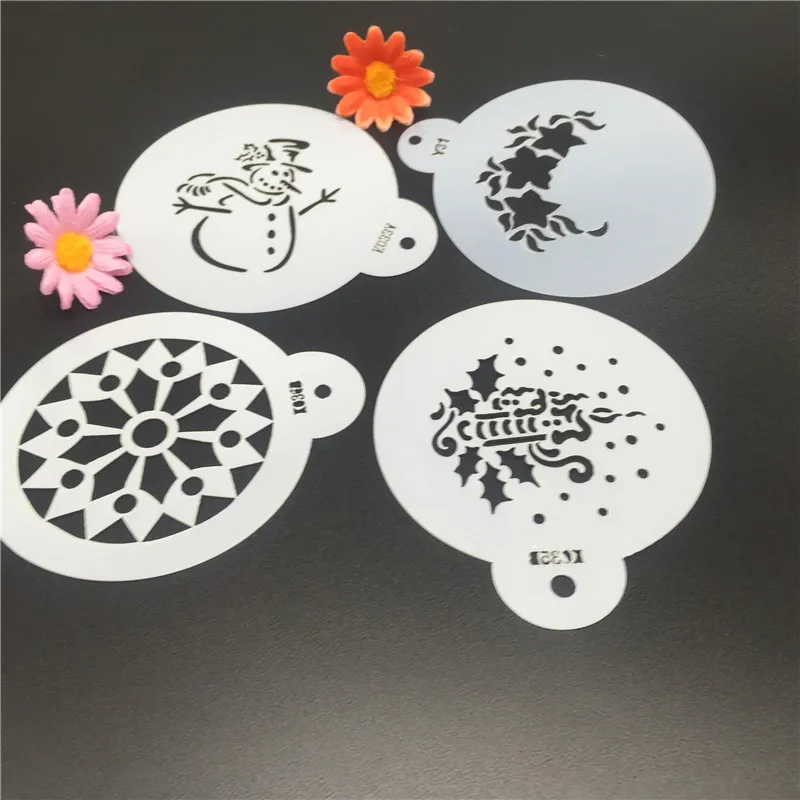 

4pcs/lot Snowman Christmas Tree Cake Coffee DIY Decorating Mold Fondant Pattern Printing Stencil 11.5CM*13.5CM